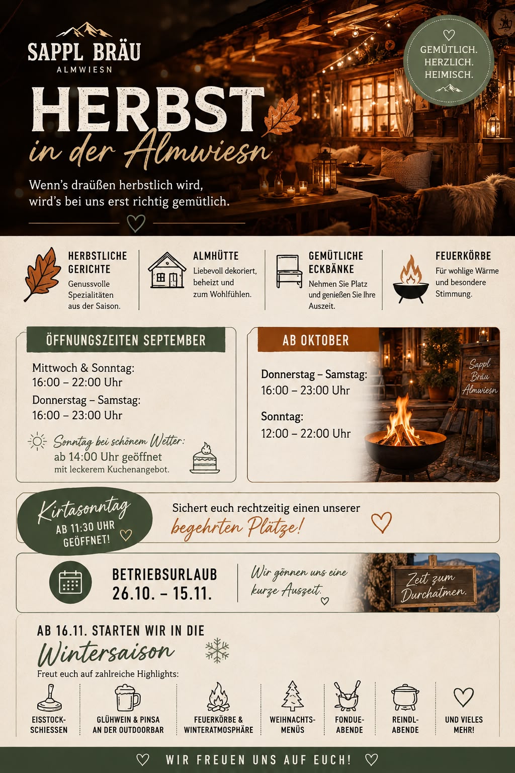 Herbst in der Sapplbräu Almwiesn mit Öffnungszeiten und saisonalen Highlights