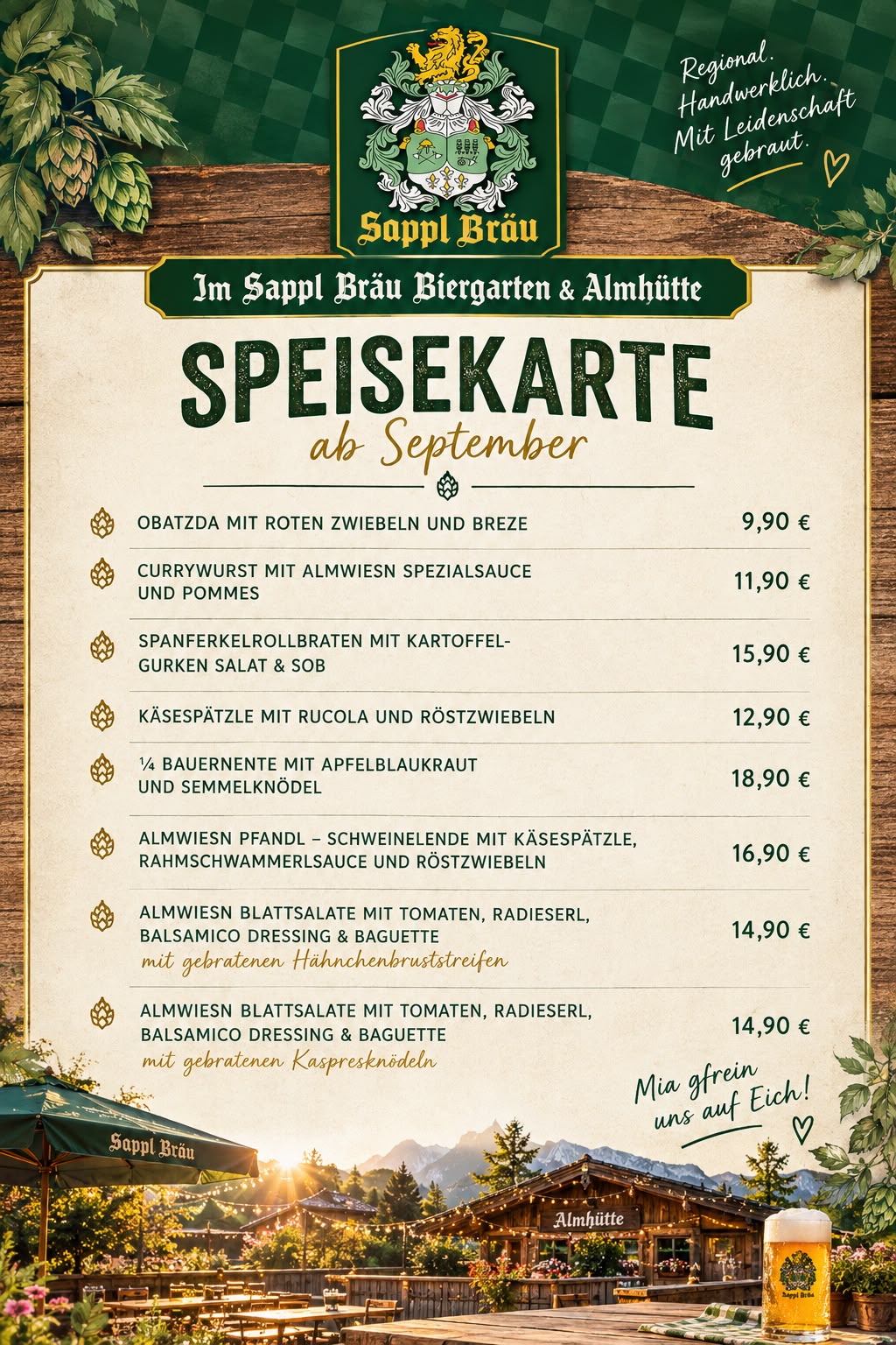 Speisekarte der Sapplbräu Almwiesn